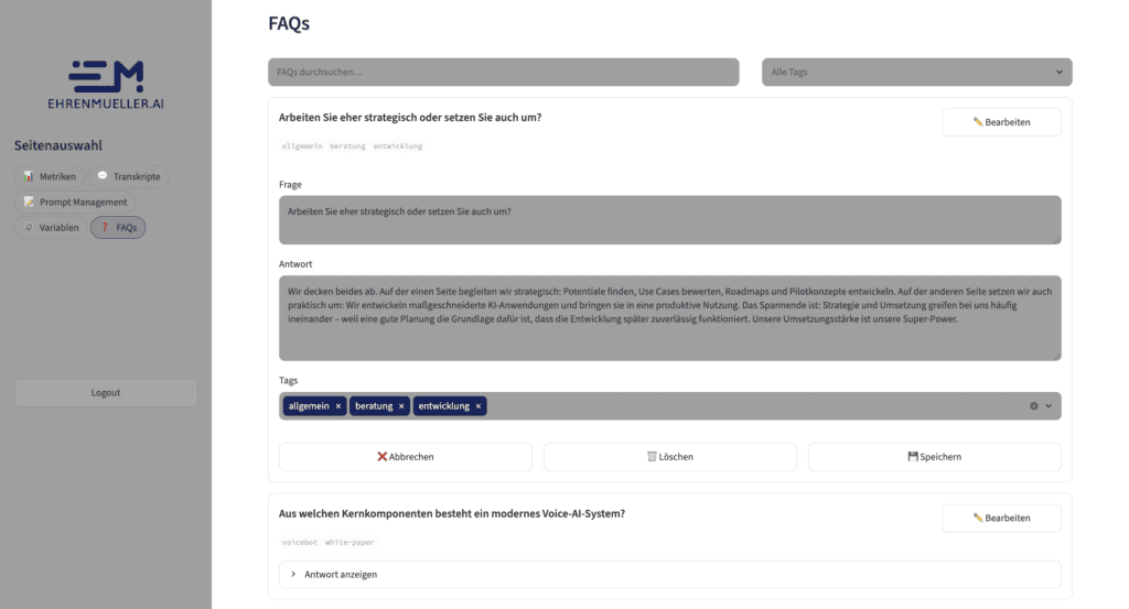 Ehrebot Dashboard FAQs hinterlegen